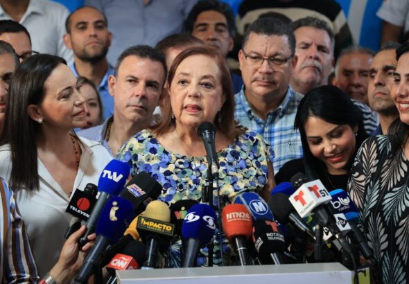 New Unitary Platform candidate Corina Yoris giving a speech after the announcement of her selection as presidential candidate. Photo: Federico Parra/AFP.