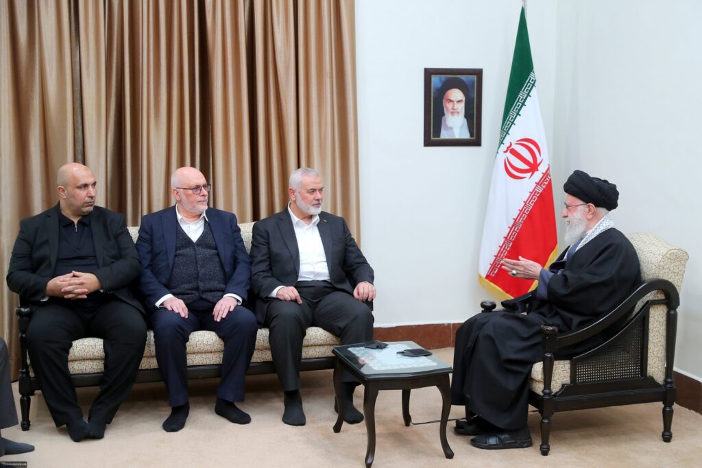 The leader of the Islamic Revolution, Imam Khamenei, met with Mr. Ismail Haniyeh, head of the political bureau of the Palestinian Islamic Resistance Movement Hamas, and his accompanying delegation on March 26, 2024. Photo: X/@Khamenei_m.
