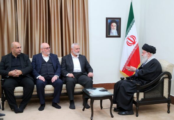 The leader of the Islamic Revolution, Imam Khamenei, met with Mr. Ismail Haniyeh, head of the political bureau of the Palestinian Islamic Resistance Movement Hamas, and his accompanying delegation on March 26, 2024. Photo: X/@Khamenei_m.