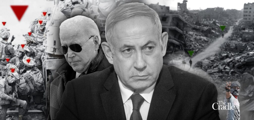 Israeli Prime Minister Benjamin Netanyahu and US President Joe Biden in the backdrop of a bombed locality in Gaza with a Palestinian showing the victory sign. Photo: The Cradle.