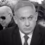 Israeli Prime Minister Benjamin Netanyahu and US President Joe Biden in the backdrop of a bombed locality in Gaza with a Palestinian showing the victory sign. Photo: The Cradle.