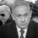 Israeli Prime Minister Benjamin Netanyahu and US President Joe Biden in the backdrop of a bombed locality in Gaza with a Palestinian showing the victory sign. Photo: The Cradle.