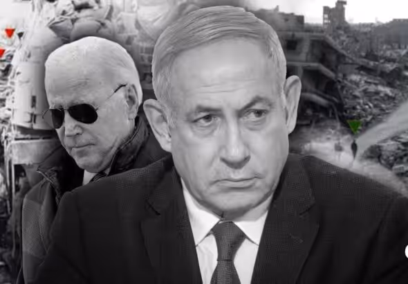 Israeli Prime Minister Benjamin Netanyahu and US President Joe Biden in the backdrop of a bombed locality in Gaza with a Palestinian showing the victory sign. Photo: The Cradle.