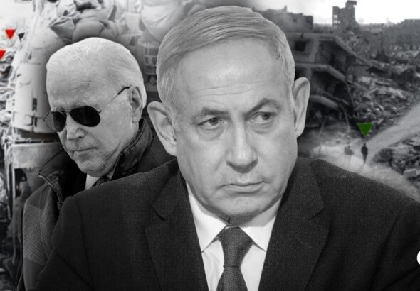 Israeli Prime Minister Benjamin Netanyahu and US President Joe Biden in the backdrop of a bombed locality in Gaza with a Palestinian showing the victory sign. Photo: The Cradle.