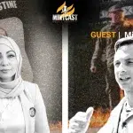Compilation image with Mnar Adley (Left) and Mike Prysner (Left) over a backdrop showing Aaron Bushnell's self-immolation. Photo: MintPress News.