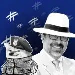 Keir Giles is pictured with NAFO meme mascot, the NAFO doge. Photo: MintPress News.