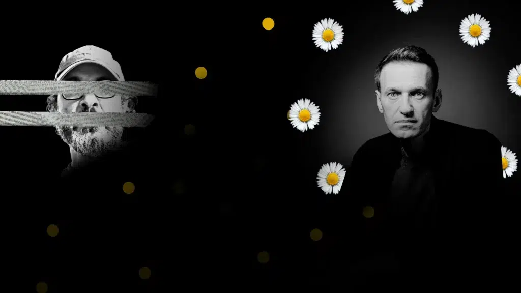 Illustration showing US journalist Gonzalo Lira (left) in darkness and his eyes and mouth covered by newspaper strips, and Russian opposition politician Alexei Navalny (right) in a spot of light and surrounded by flowers. Photo: MintPress News.