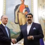 Venezuelan President Nicolás Maduro and Russian Security Council Secretary Nikolai Patrushev shake hands in Miraflores Palace, Caracas, February 27, 2024. Photo: Presidential Press.