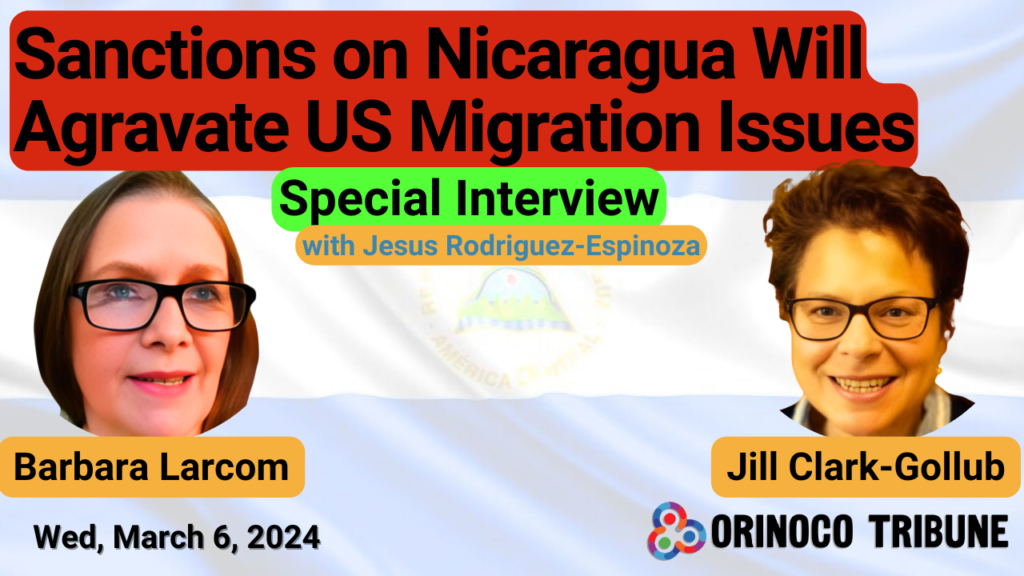 Poster for Orinoco Tribune's interview with Nicaragua Solidarity Coalition activists Barbara Larcom and Jill Clark-Gollub. Photo: Orinoco Tribune.