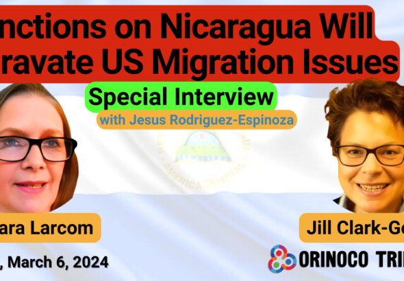 Poster for Orinoco Tribune's interview with Nicaragua Solidarity Coalition activists Barbara Larcom and Jill Clark-Gollub. Photo: Orinoco Tribune.