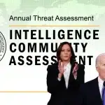 Photo composition showing the cover of the Annual Threat Assessment by the US Office of the Director of National Intelligence with Joe Biden during his last State of the Union address. Photo: Orinoco Tribune/Shawn Thew/EPA/Bloomberg.