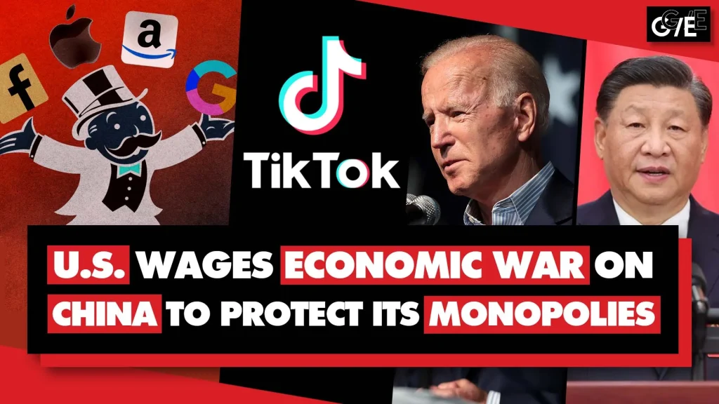 YouTube thumbnail with the monopoly character (Left), the TikTok logo (Center, Left) Joe Biden (Center, Right) and Xi Jinping (Right). Photo: Geopolitical Economy Report.