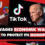 YouTube thumbnail with the monopoly character (Left), the TikTok logo (Center, Left) Joe Biden (Center, Right) and Xi Jinping (Right). Photo: Geopolitical Economy Report.