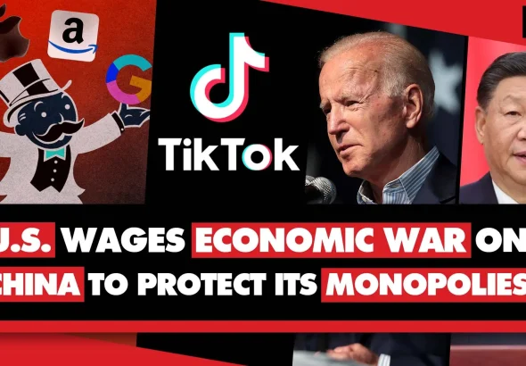 YouTube thumbnail with the monopoly character (Left), the TikTok logo (Center, Left) Joe Biden (Center, Right) and Xi Jinping (Right). Photo: Geopolitical Economy Report.