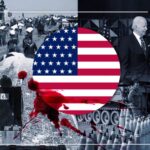 Compilation image depicting Gaza and Palestinians (Left) as well as Benjamin Netanyahu with Joe Biden and US weapons shipments (Right) over a bloodstained US flag (Center). Photo: PressTV.