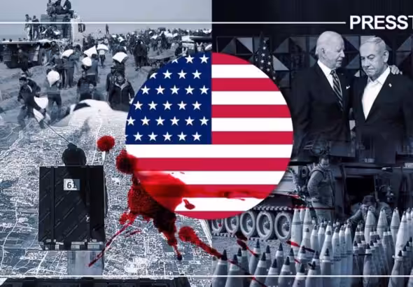 Compilation image depicting Gaza and Palestinians (Left) as well as Benjamin Netanyahu with Joe Biden and US weapons shipments (Right) over a bloodstained US flag (Center). Photo: PressTV.
