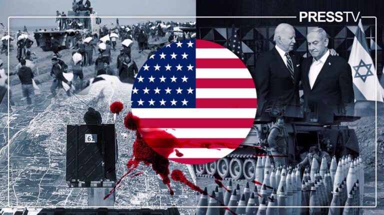 Compilation image depicting Gaza and Palestinians (Left) as well as Benjamin Netanyahu with Joe Biden and US weapons shipments (Right) over a bloodstained US flag (Center). Photo: PressTV.