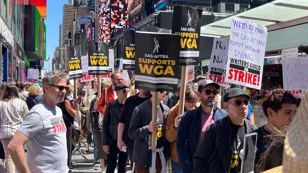 SAG-AFTRA members supporting WGA writers on the picket line in New York City. Photo: SAG-AFTRA/Twitter.