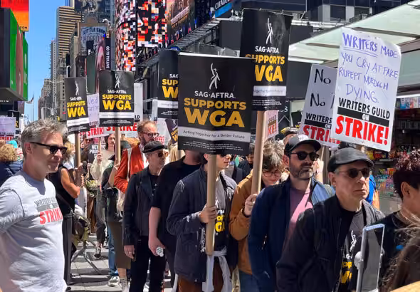 SAG-AFTRA members supporting WGA writers on the picket line in New York City. Photo: SAG-AFTRA/Twitter.