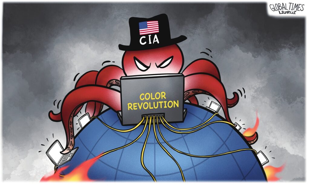 'Mother of all disorder.' A political cartoon depicting an octopus on a computer over the globe wearing a hat that says 'CIA,' along with a US flag. Photo: Liu Rui/GT