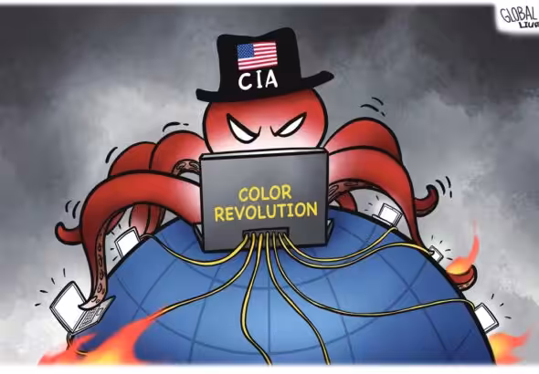 'Mother of all disorder.' A political cartoon depicting an octopus on a computer over the globe wearing a hat that says 'CIA,' along with a US flag. Photo: Liu Rui/GT