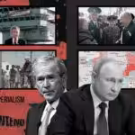 Photo composition showing George Bush Jr. (left) next to a caption that reads "Imperialism," and Russian President Vladimir Putin next to a map of the Dombass regions and a photo of him greeting a woman next to military officers. Photo: Al Mayadeen.