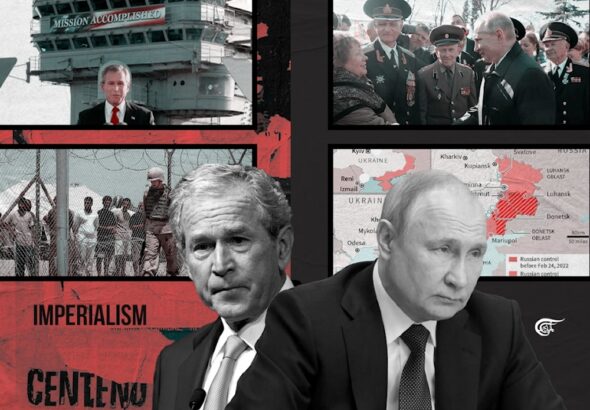 Photo composition showing George Bush Jr. (left) next to a caption that reads "Imperialism," and Russian President Vladimir Putin next to a map of the Dombass regions and a photo of him greeting a woman next to military officers. Photo: Al Mayadeen.