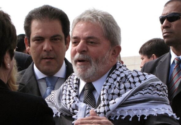 Brazilian President Luiz Inácio Lula da Silva wears a Palestinian kaffiyeh in the West Bank city of Ramallah on 17 March 2010. Photo: AFP/File photo.