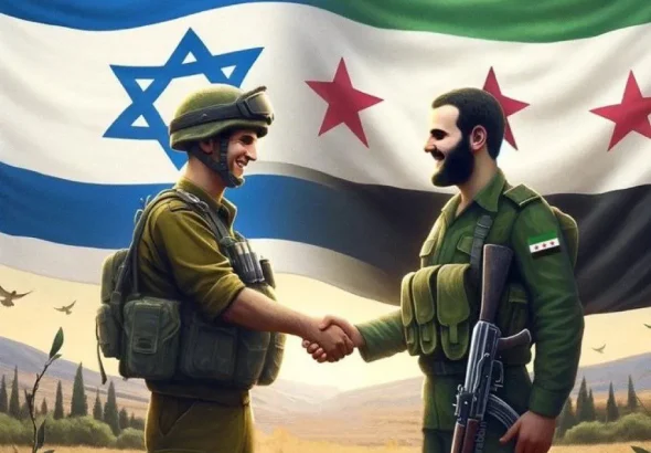 Art depicting IOF (Left) and FSA (Right) soldiers shaking hands. Photo: Vanessa Beeley.