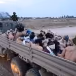 Half naked Gazans taken hostage in the back of a truck by IOF "soldiers." Photo: X.