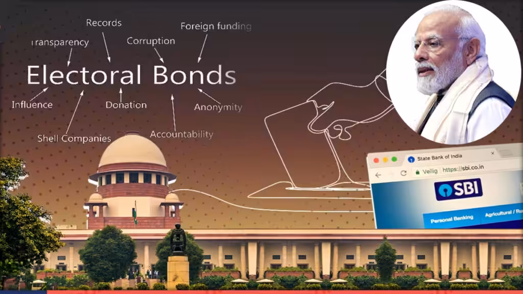 Photo composition showing India’s Prime Minister Narendra Modi (upper right) over a photo of the Indian Supreme Court, a screenshot of the State Bank of India website, and a diagram explaining some implications of the electoral bond scandal. Photo: Metro Vaartha.