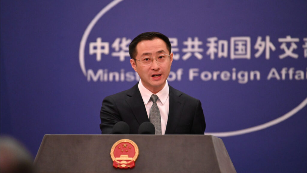 Chinese Foreign Affairs Ministry spokesperson Lin Jian during the daily press conference on Friday, March 29, 2024. Photo: Johannes Neudecker/Picture Alliance via Getty Images.