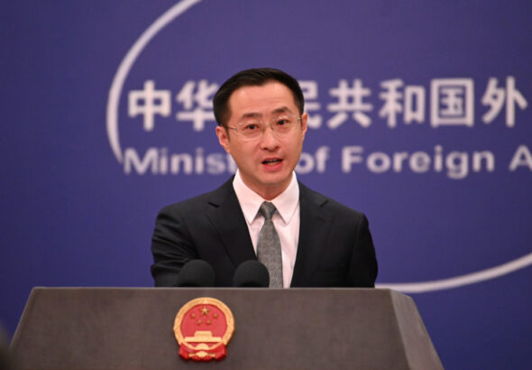 Chinese Foreign Affairs Ministry spokesperson Lin Jian during the daily press conference on Friday, March 29, 2024. Photo: Johannes Neudecker/Picture Alliance via Getty Images.