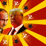 Illustration showing Russian President Vladimir Putin and former US President Donald Trump in a background of red and yellow strips with stars and the hammer & sickle. Photo: Politico/Getty and iStock.