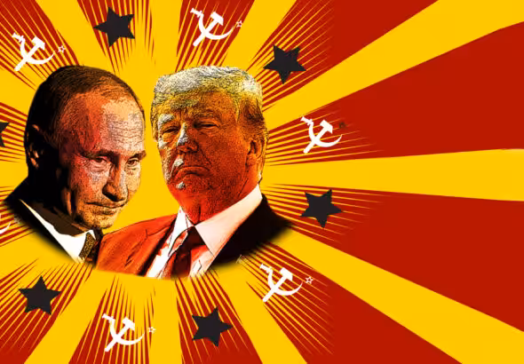 Illustration showing Russian President Vladimir Putin and former US President Donald Trump in a background of red and yellow strips with stars and the hammer & sickle. Photo: Politico/Getty and iStock.