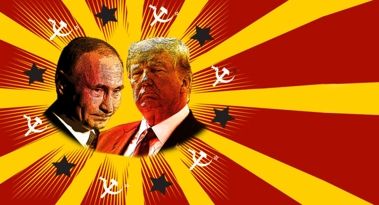 Illustration showing Russian President Vladimir Putin and former US President Donald Trump in a background of red and yellow strips with stars and the hammer & sickle. Photo: Politico/Getty and iStock.