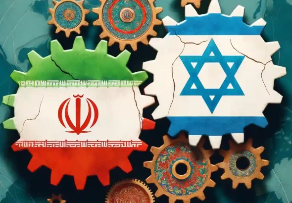 A graphic depicting cogs in a machine with an Iranian flag (Left) and an Israeli flag (Right) over a backdrop of the globe. Photo: New Eastern Outlook.