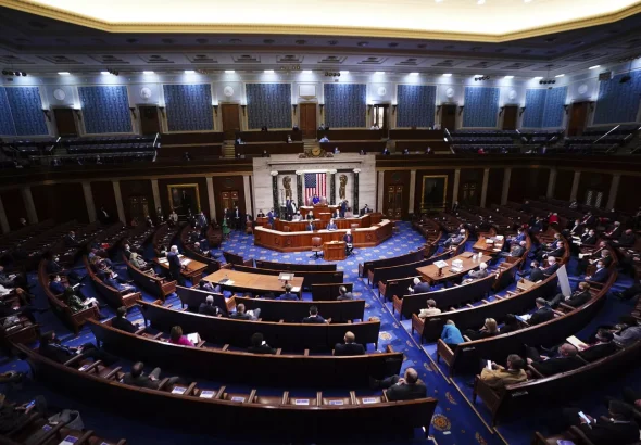 In this January 6, 2021, file photo, Nancy Pelosi speaks in the US House Chamber after they reconvened for arguments over the objection to certifying Arizona's Electoral College votes in November's election, at the Capitol in Washington. Photo: Jim Lo Scalzo/Sputnik.