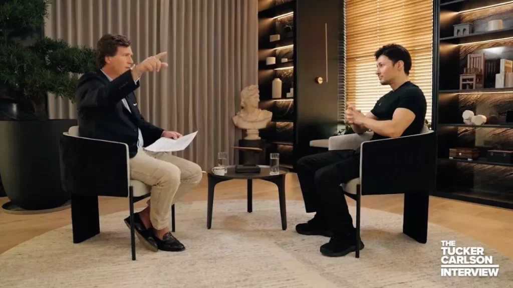A screenshot from a video of Tucker Carlson interviewing Russian-born IT entrepreneur and co-founder of the Telegram social network Pavel Durov. Photo: Official Social media page of Tucker Carlson.
