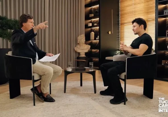 A screenshot from a video of Tucker Carlson interviewing Russian-born IT entrepreneur and co-founder of the Telegram social network Pavel Durov. Photo: Official Social media page of Tucker Carlson.