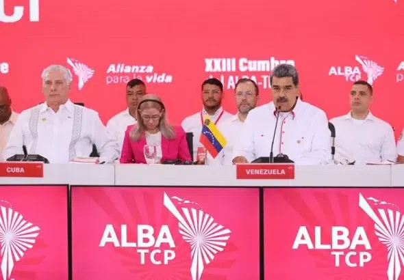 Venezuelan President Nicolás Maduro (right) and his Cuban counterpart Miguel Díaz-Canel (left) chairing the 23th ALBA-TCP Summit in Caracas on Wednesday, April 24, 2024. Photo: X/@ViceVenezuela.