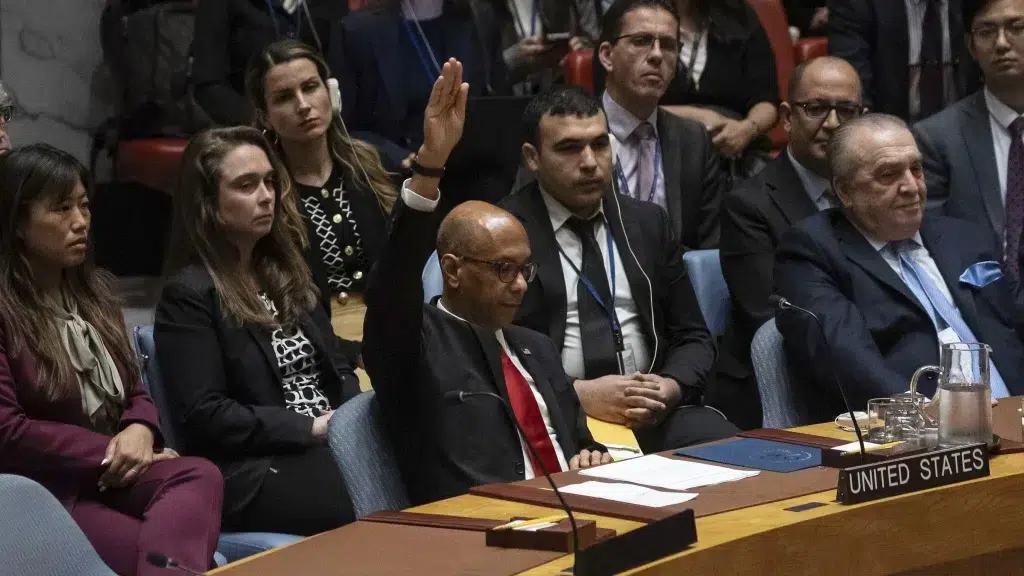 US representative Robert Wood voting against recognition of Palestine as full UN member state. 18 April, 2024. Photo: Yuki Iwamura/AP.