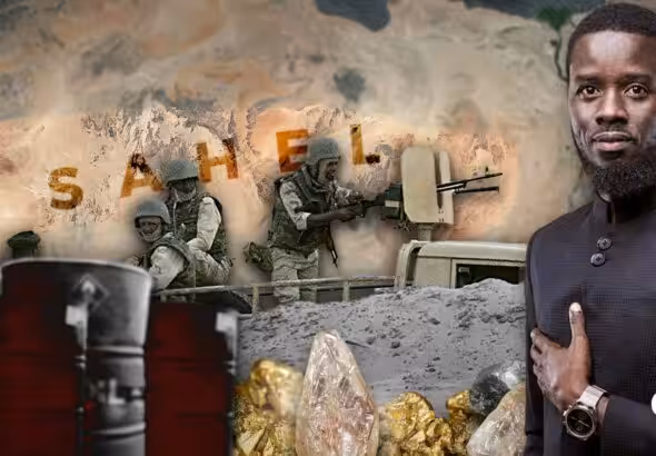 Compilation image showing oil barrels (Left), military personnel (Center) and Bassirou Diomaye Faye (Right), the 5th and current President of Senegal, over a backdrop of the Sahel Region of Africa. Photo: Cradle.