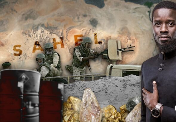 Compilation image showing oil barrels (Left), military personnel (Center) and Bassirou Diomaye Faye (Right), the 5th and current President of Senegal, over a backdrop of the Sahel Region of Africa. Photo: Cradle.