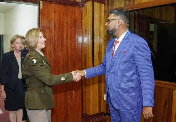 US Army General Laura Richardson, chief of the US Southern Command meets Guyanese President Irfaan Ali, August 2022. Photo: Presidential Office of Guyaan/File photo.