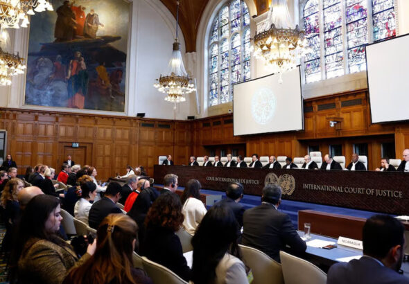 Judges and delegates sit in the courtroom as Nicaragua is set to ask the International Court of Justice on Monday to order Berlin to halt military arms exports to Israel and reverse its decision to stop funding UN Palestinian refugee agency UNRWA, in The Hague, Netherlands, April 8, 2024. Photo: Reuters.