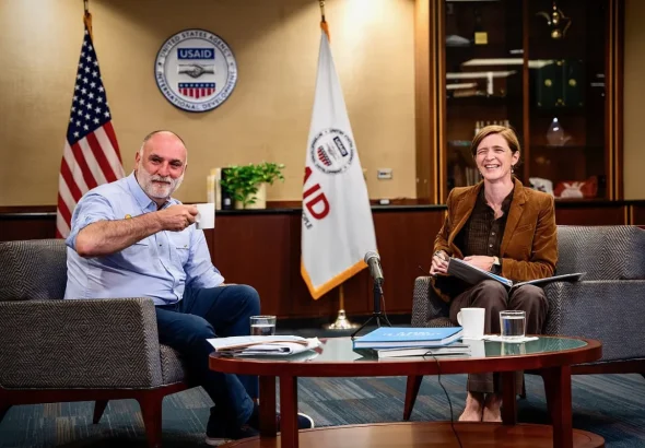 Jose Andres with USAID Director Samantha Power, April 22, 2022. Photo: Grayzone.