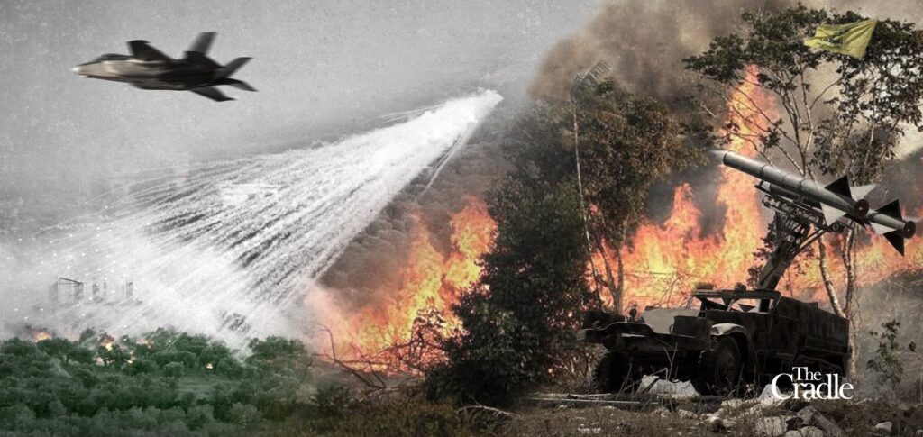 Composition showing Israeli occupation forces attacking Lebanon with white phosphorus. Photo: The Cradle.
