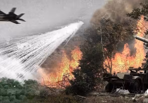 Composition showing Israeli occupation forces attacking Lebanon with white phosphorus. Photo: The Cradle.
