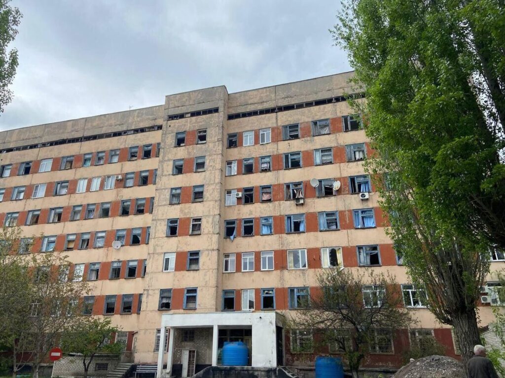 A damaged healthcare facility is seen in the town of Gorlovka in the wake of a Ukrainian strike on April 18, 2024. Photo: Telegram/Prikhodko1970.